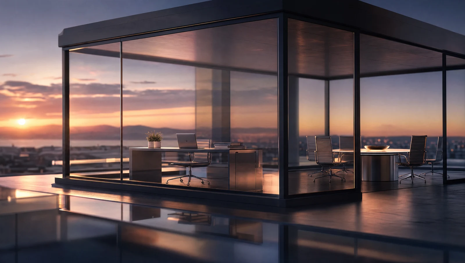 The miniature office at sunrise, with finished papers on a desk