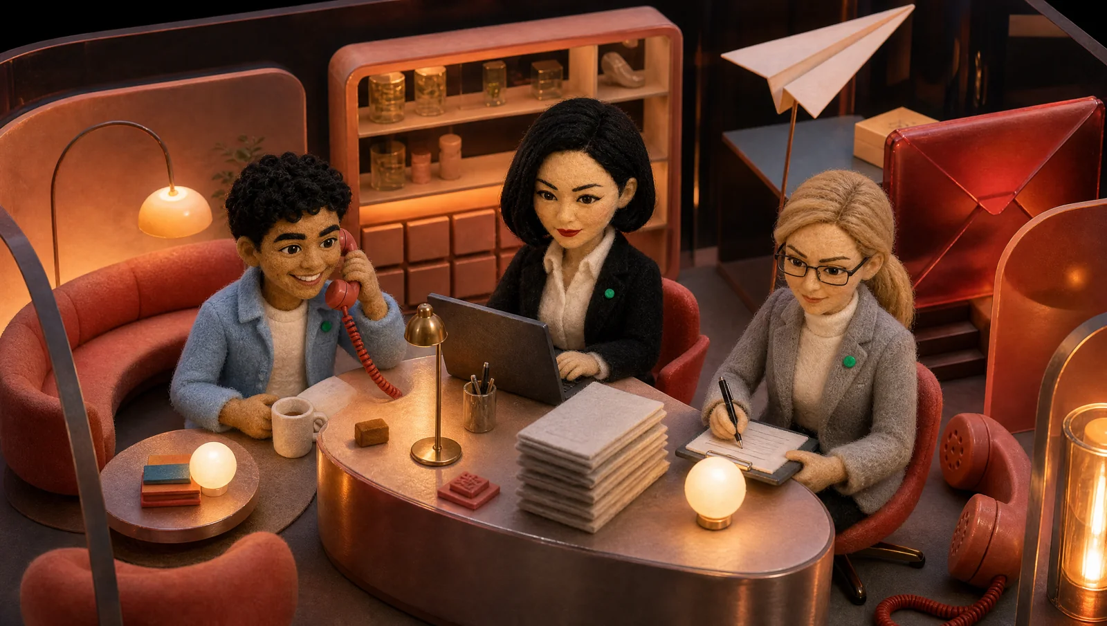 Mira, Aiko, Bjorn and Nadia working together in their shared office
