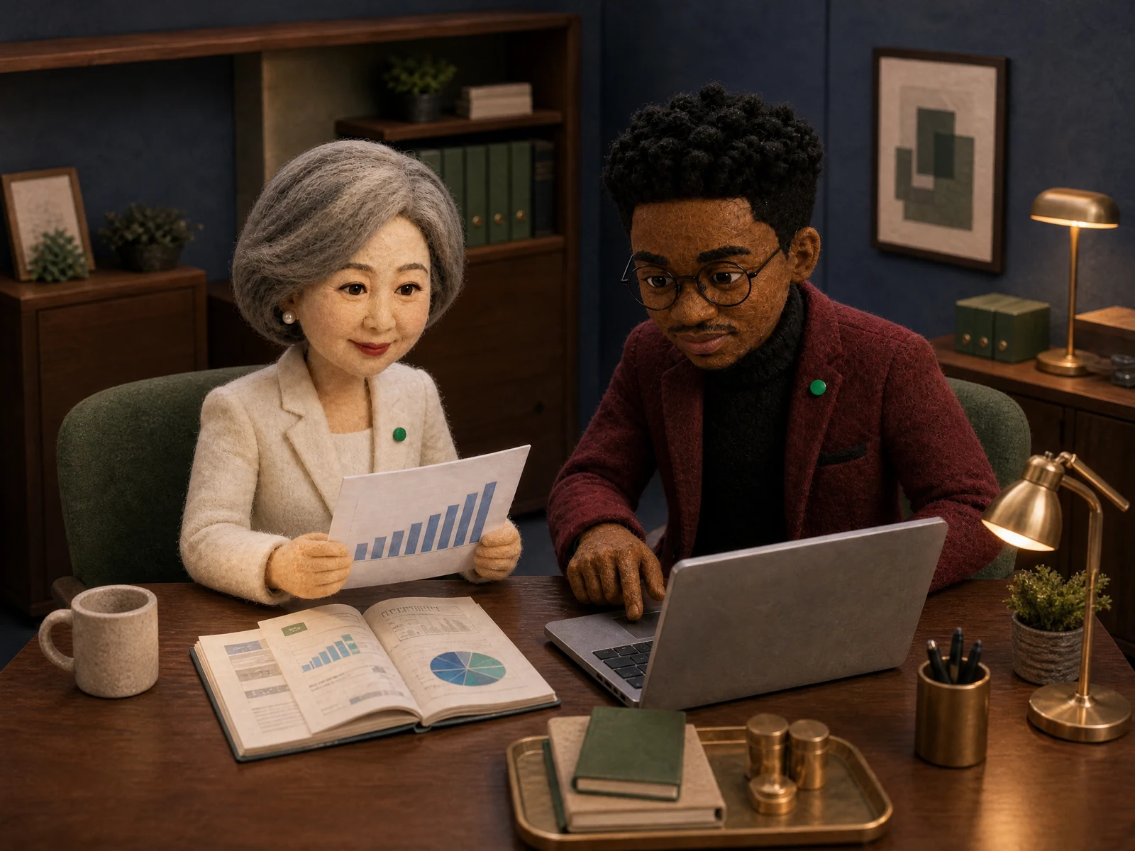 Talia, Caleb working in the Reports office
