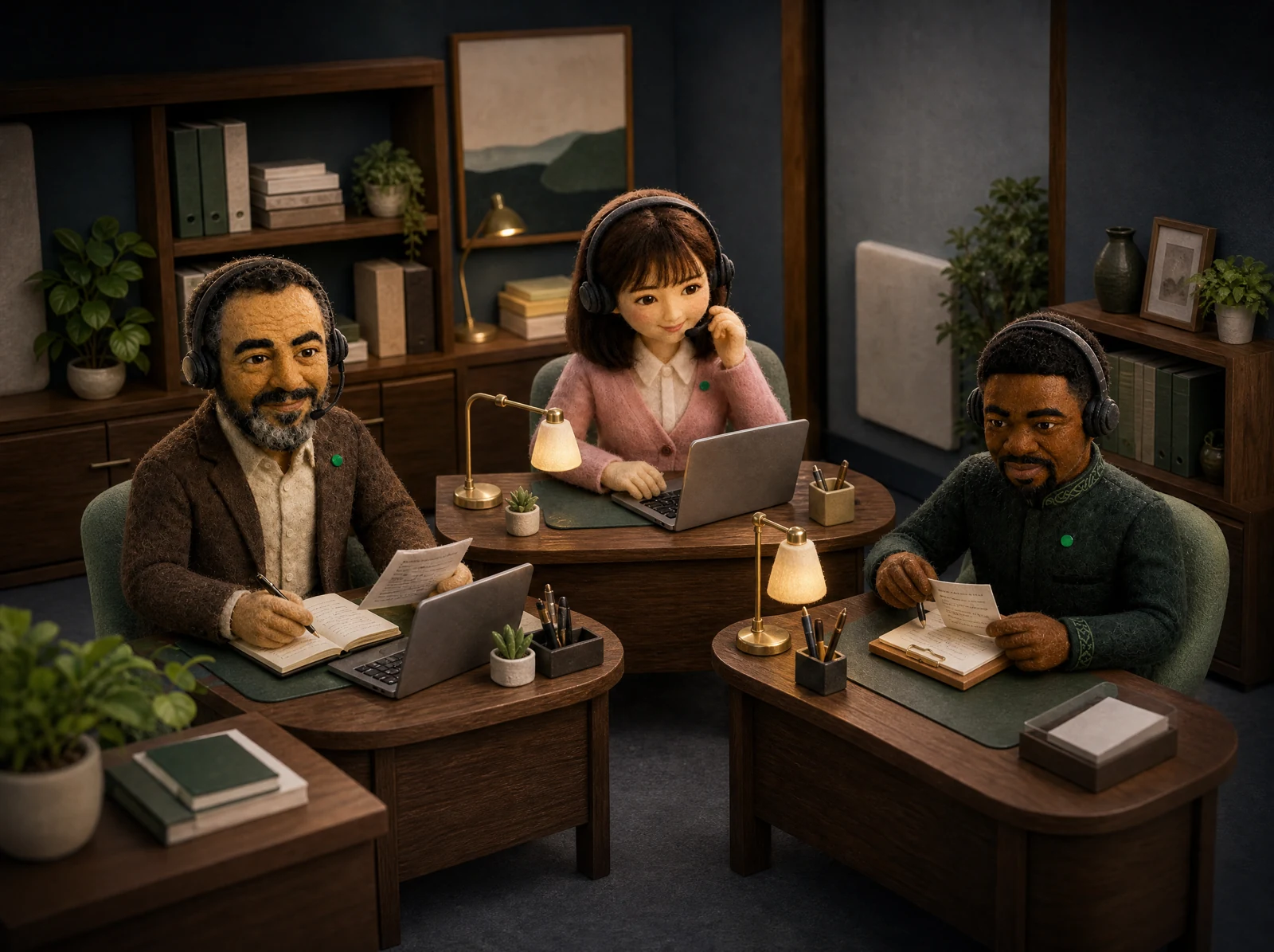 Farid, Yuki, Oscar working in the Customer Service office