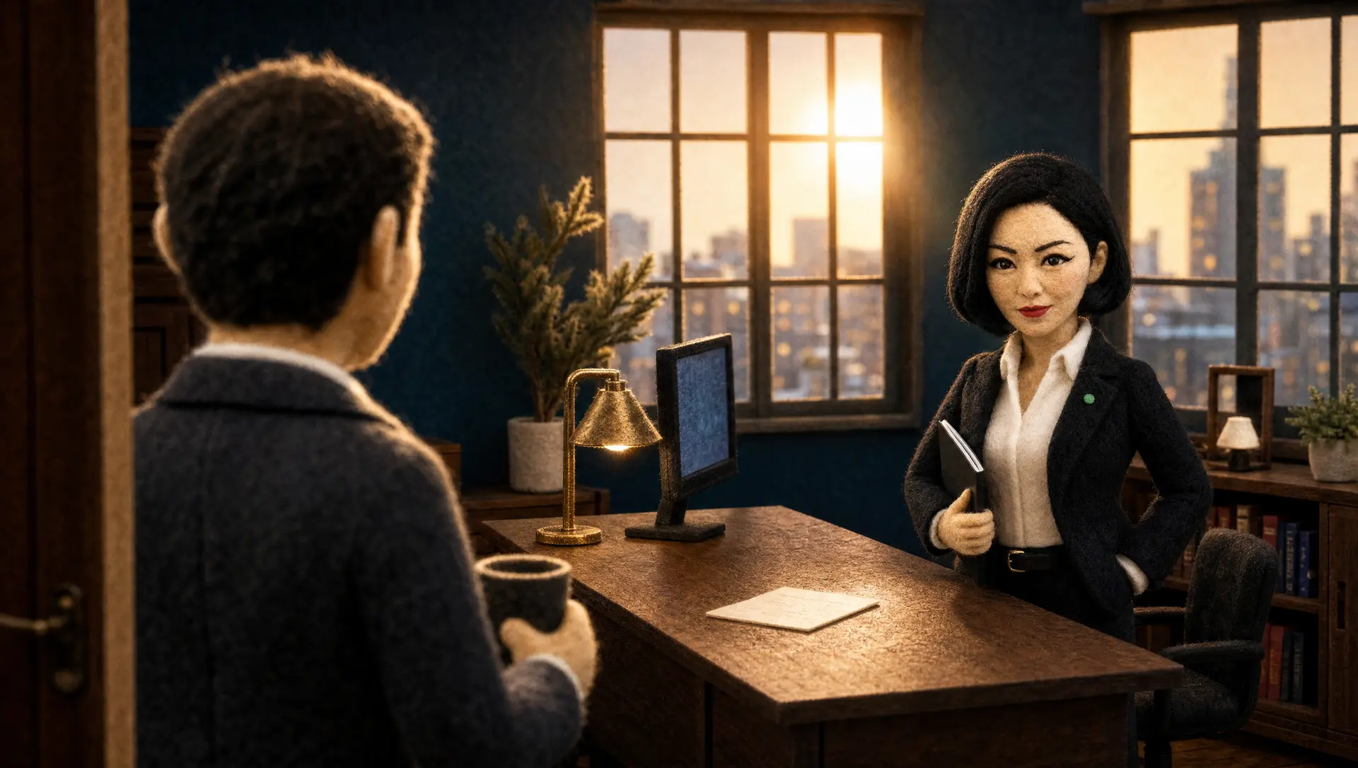The owner returns with coffee to review the prepared work
