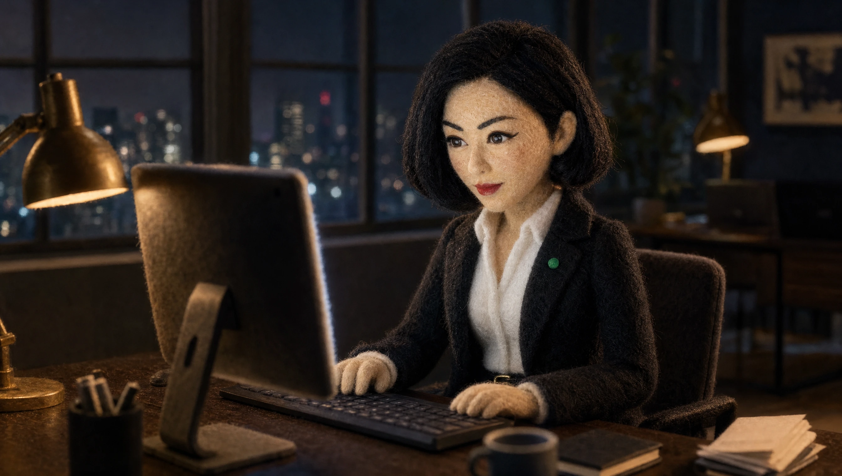 A Sales teammate reads a German buyer email under a desk lamp